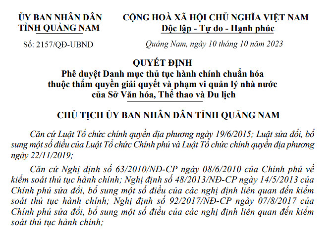 Phê duyệt Danh mục thủ tục hành chính chuẩn hóa thuộc thẩm quyền giải quyết và phạm vi quản lý nhà nước của Sở Văn hóa, Thể thao và Du lịch